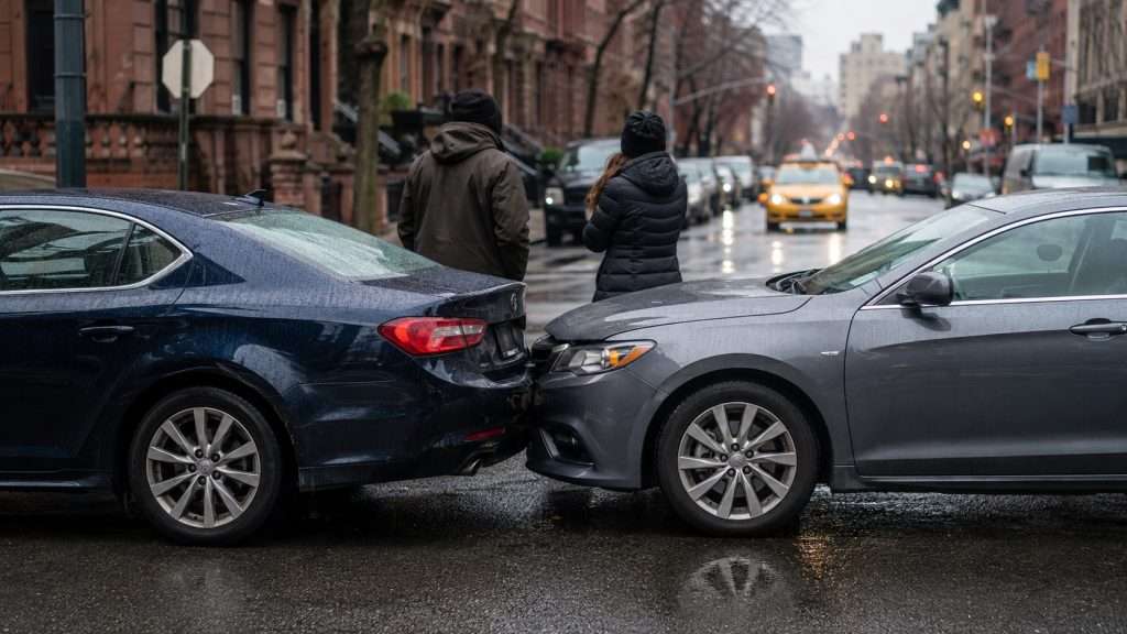 Rear-end car accident between two sedans on a New York City street, illustrating a no-fault insurance claim after a car accident