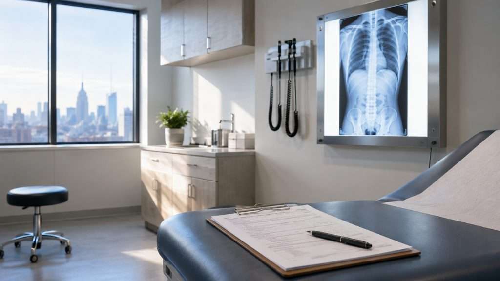 Doctor's exam room with clipboard and X-ray light box, representing medical documentation for a New York personal injury claim