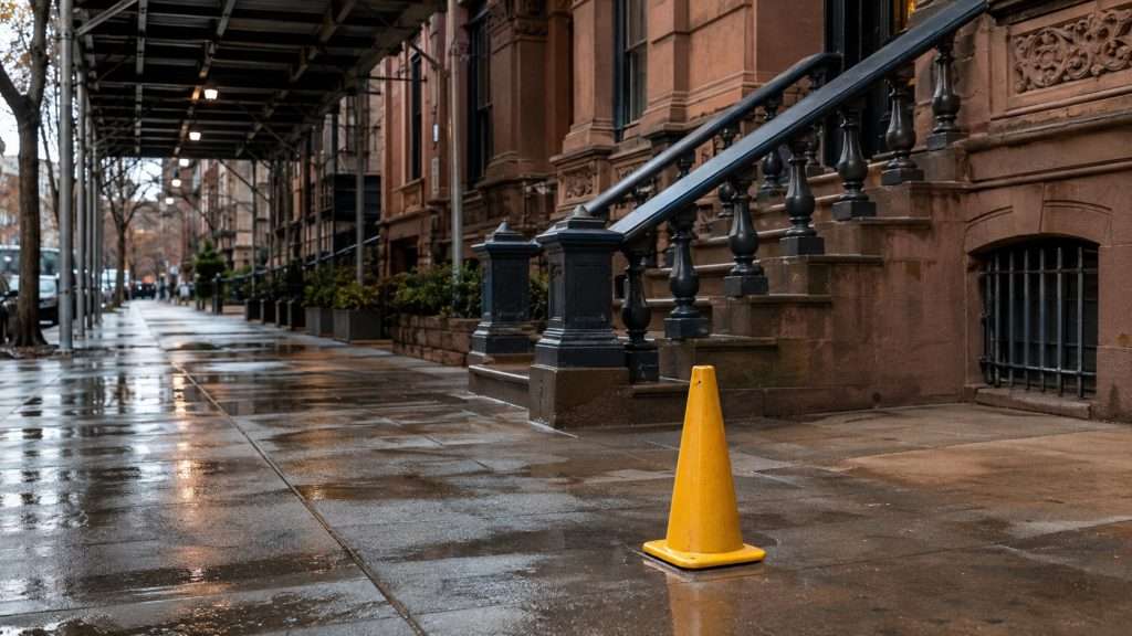 Wet sidewalk with a yellow caution cone in front of a New York City brownstone, illustrating slip-and-fall accident evidence