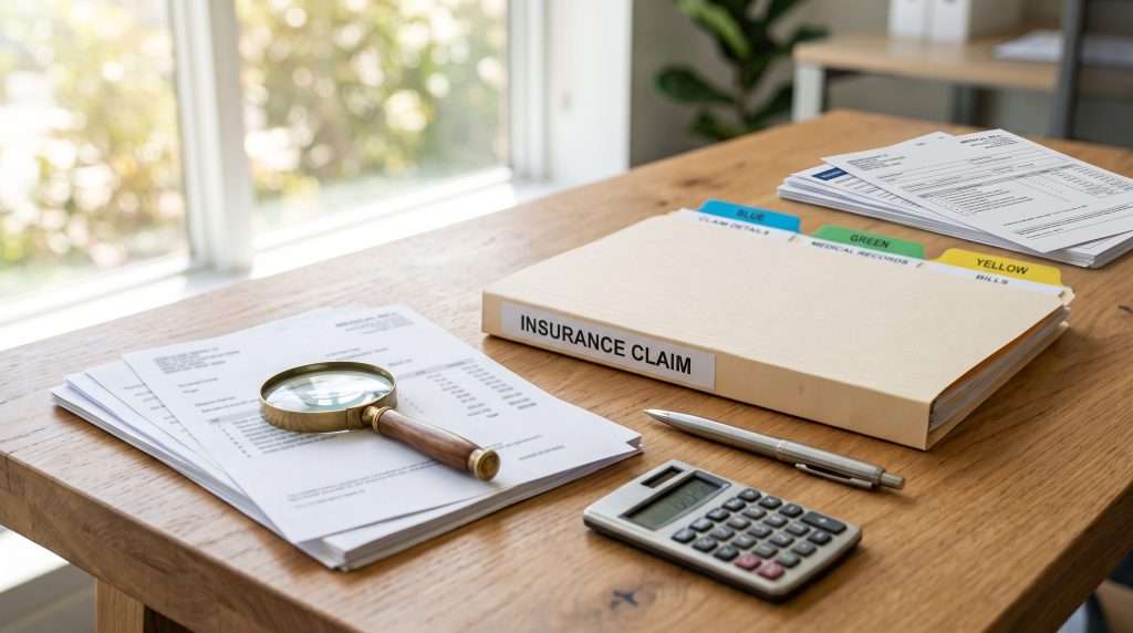 A personal injury insurance claim folder, medical bill documents, and a magnifying glass on a desk, illustrating how insurance adjusters decide what a New York injury claim is worth