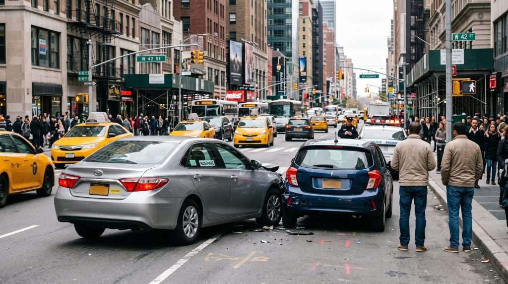 A rideshare sedan involved in a minor rear-end collision on a busy New York City street, illustrating what to do if you're injured as a passenger in an Uber or Lyft in New York