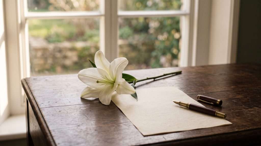 A single white lily beside a pen and blank paper on a quiet wooden desk, illustrating who can file a wrongful death claim in New York and what a family can recover