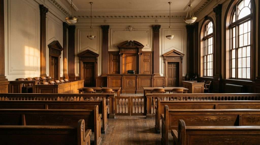 An empty traditional New York courtroom, representing a conviction challenged over withheld Brady evidence