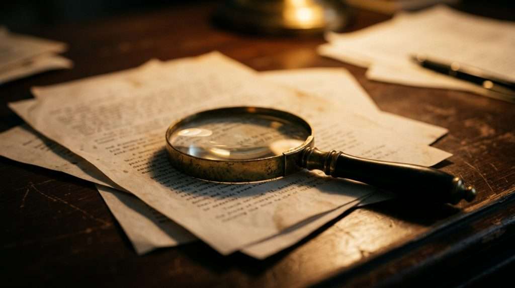 A magnifying glass resting on scattered document pages, illustrating suppressed evidence in a Brady violation