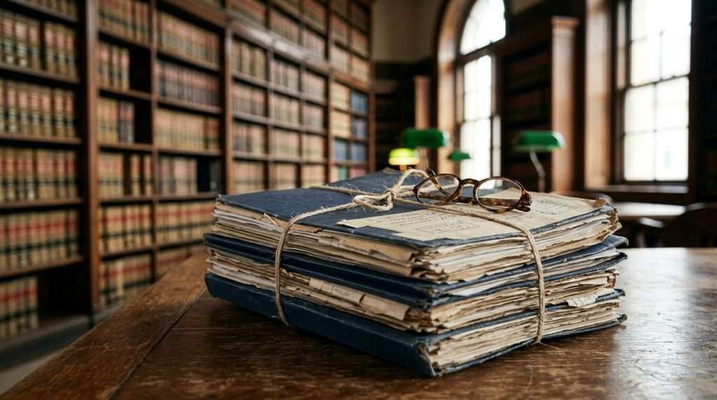 A stack of worn legal case files tied with string in a law library, illustrating a CPL 440.10 motion to vacate a New York conviction