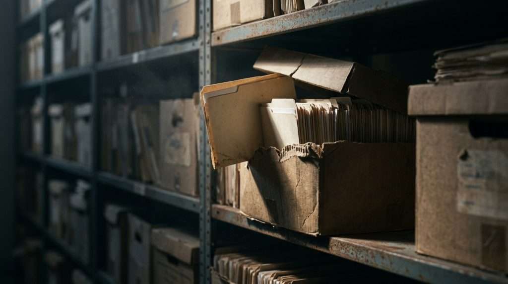 A file folder pulled from a records box in an archive, representing the off-the-record evidence a CPL 440.10 motion relies on