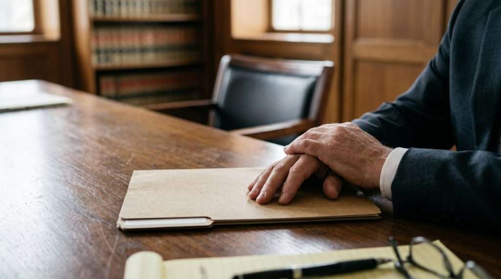 Hands resting on a closed manila folder in an attorney office, representing review of a dismissed criminal case for a malicious prosecution claim
