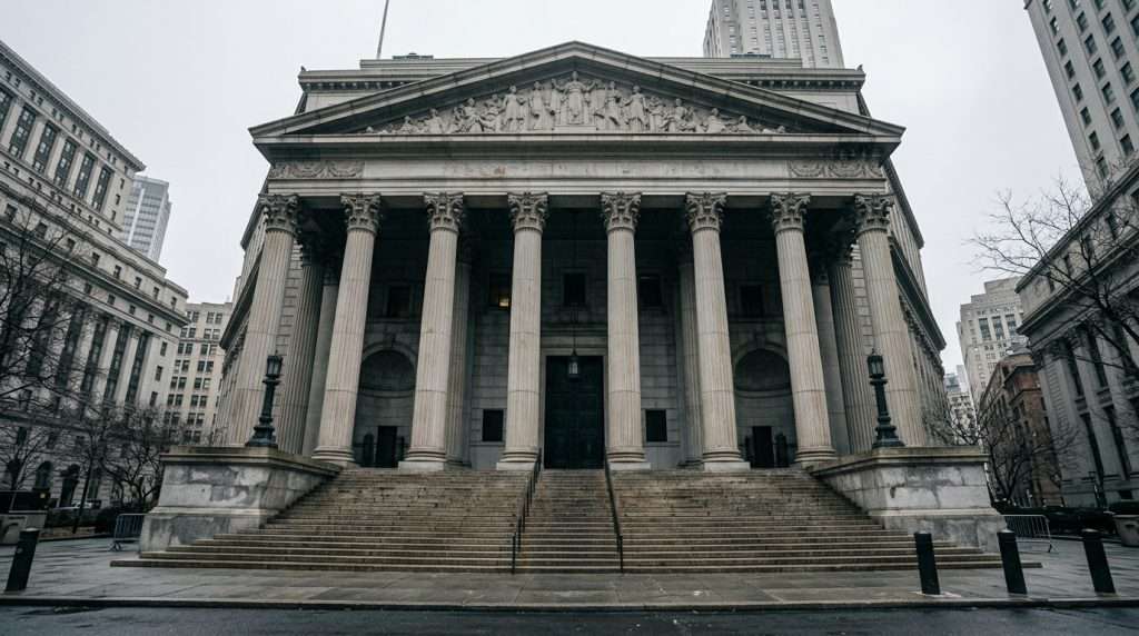 Exterior of a neoclassical courthouse in lower Manhattan, illustrating malicious prosecution claims in New York